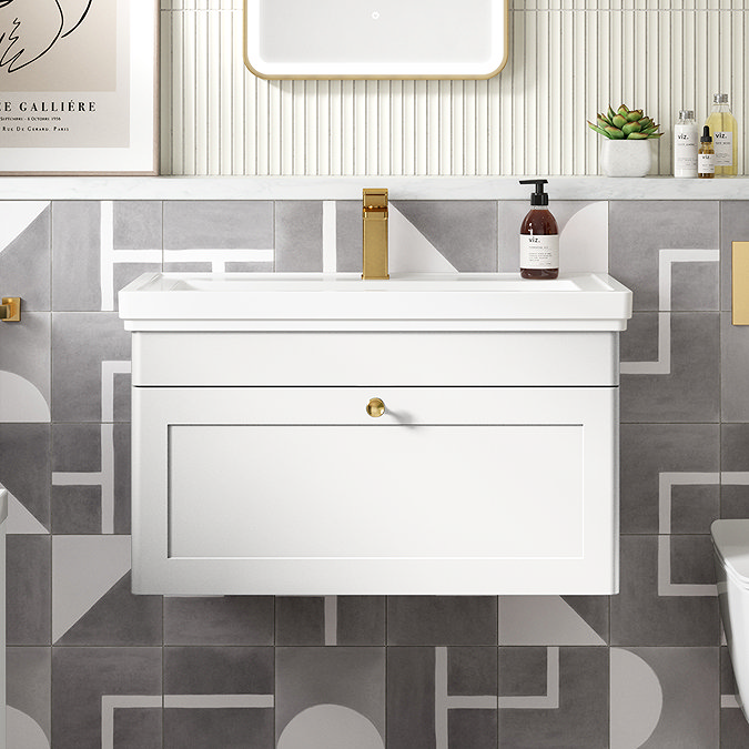 Roxbury Traditional 800mm Satin White Vanity Unit - Wall Hung Single Drawer Unit with Chrome Handle