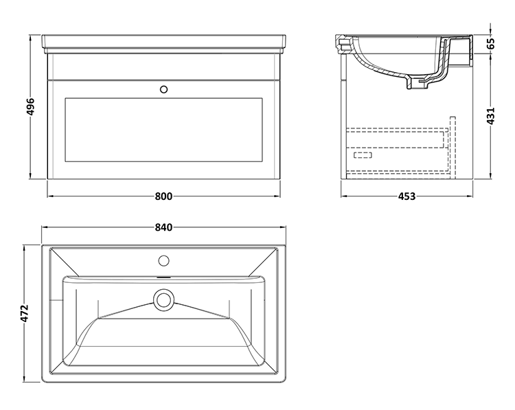 Roxbury Traditional 800mm Satin White Vanity Unit - Wall Hung Single Drawer Unit with Chrome Handle