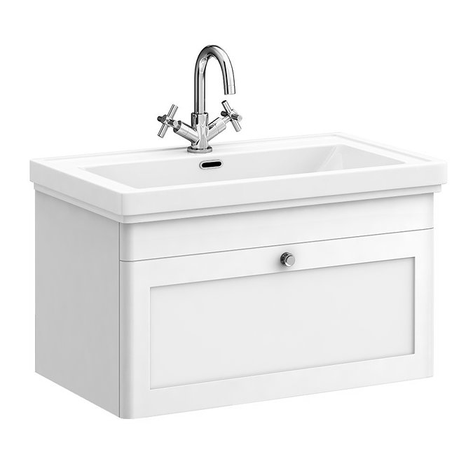 Roxbury Traditional 800mm Satin White Vanity Unit - Wall Hung Single Drawer Unit with Chrome Handle