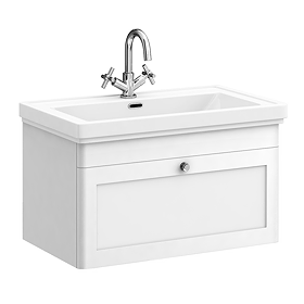 Roxbury Traditional 800mm Satin White Vanity Unit - Wall Hung Single Drawer Unit with Chrome Handle