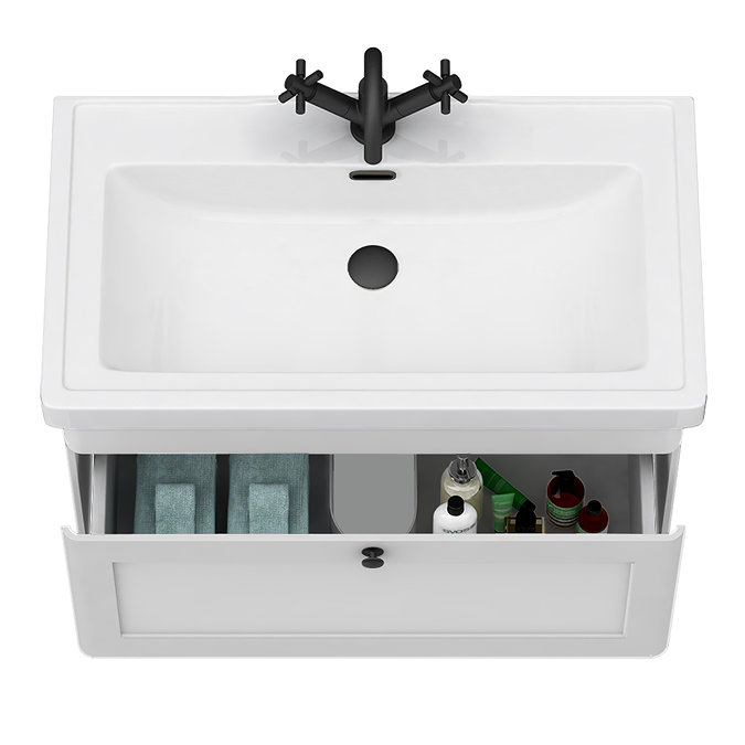 Roxbury Traditional 800mm Satin White Vanity Unit - Wall Hung Single Drawer Unit with Matt Black Handle