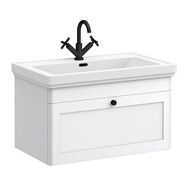 Roxbury Traditional 800mm Satin White Vanity Unit - Wall Hung Single Drawer Unit with Matt Black Handle