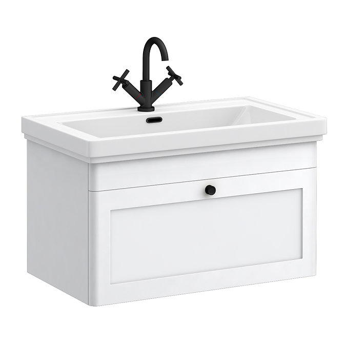 Roxbury Traditional 800mm Satin White Vanity Unit - Wall Hung Single Drawer Unit with Matt Black Handle