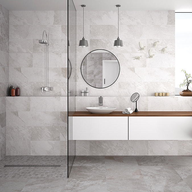 Salvo White Stone Effect Wall and Floor Tiles - 316 x 608mm