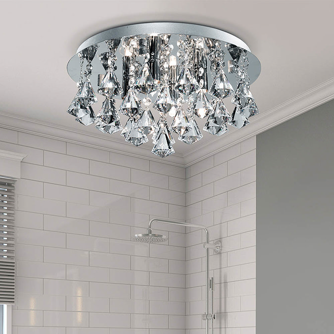 Searchlight IP44 Hanna 4 Light Crystal Ceiling Flush Fitting with Clear Pyramid Crystal Drops - 2204