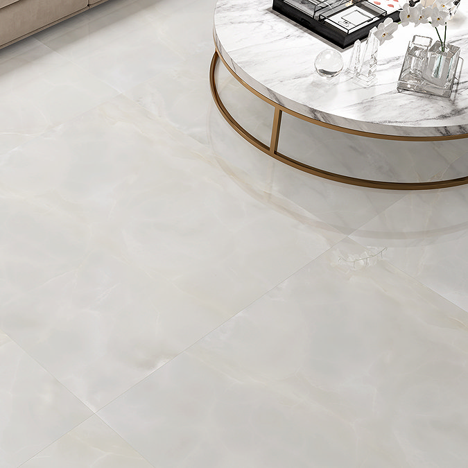 Selena Polished White Onyx Marble Effect Tiles - 600 x 600mm