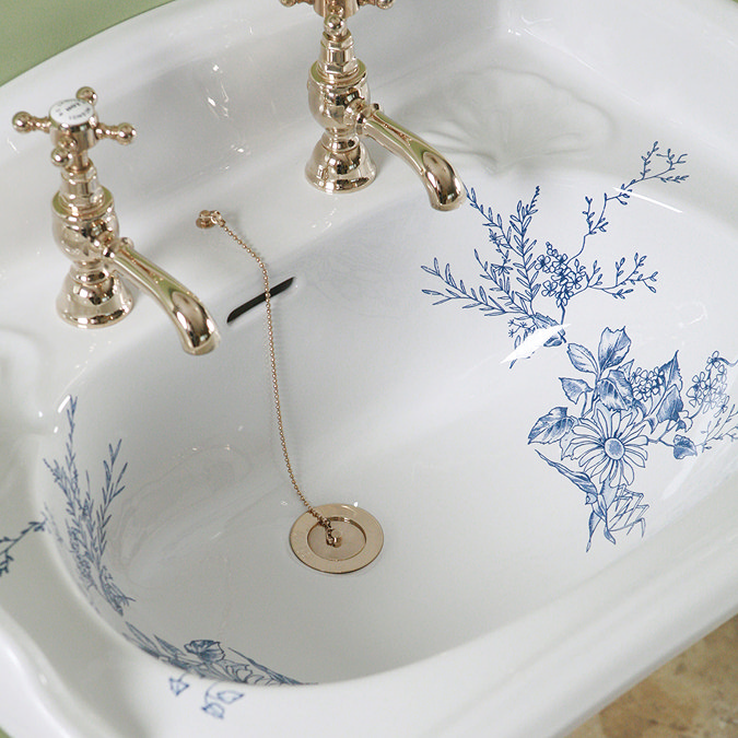 Silverdale Victorian Blue Garden Pattern 635mm Wide Basin with Full Pedestal Profile Large Image
