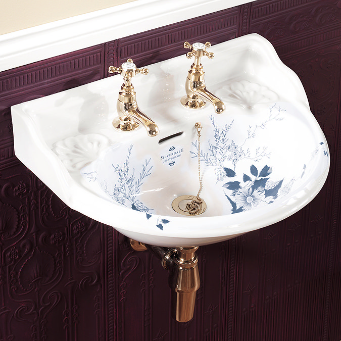 Silverdale Victorian Blue Garden Wall Hung Cloakroom Basin (530mm Wide - 2 Tap Hole) Large Image