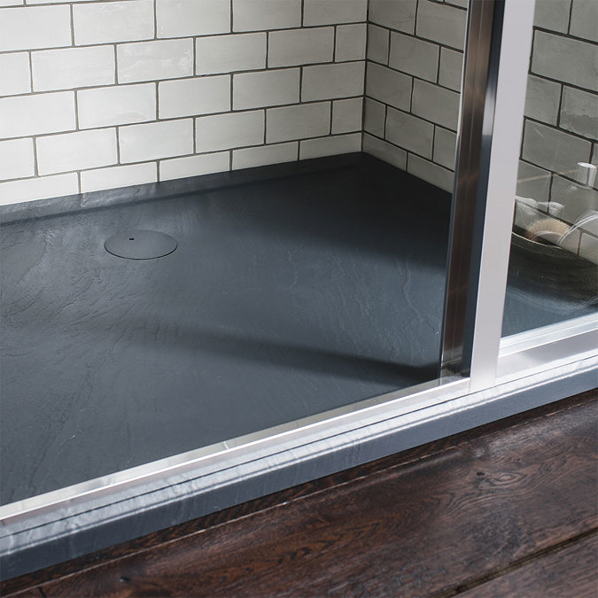 Simpsons Offset Pentangle 35mm Grey Slate Acrylic Shower Tray with Waste - Right Hand - Various Size