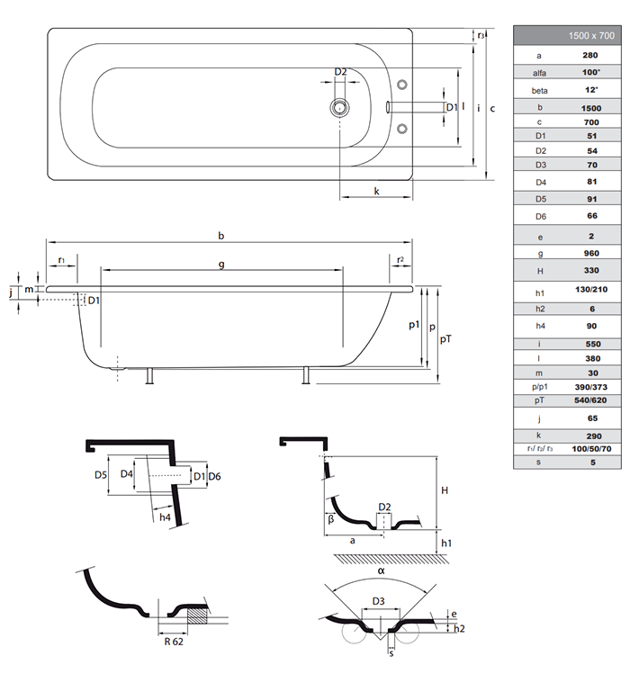 Solace 1500 x 700mm 2TH Steel Enamel Bath