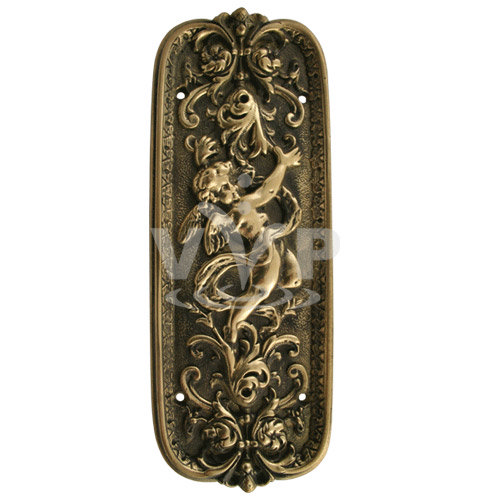 Solid Brass Cherub Figure Door Push Plate - Antique finish - DP-001 Large Image