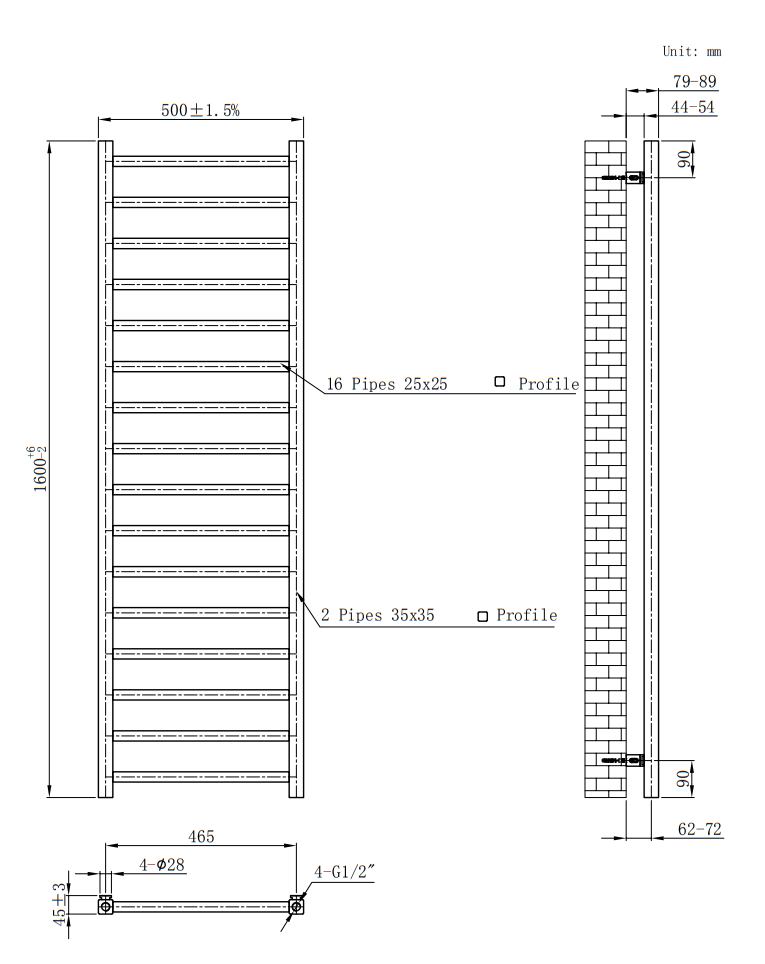 Square 1600 x 500mm Black Nickel Heated Towel Rail