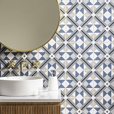 Stonehouse Studio Bentley Prussian Blue Geometric Patterned Wall and Floor Tiles - 225 x 225mm