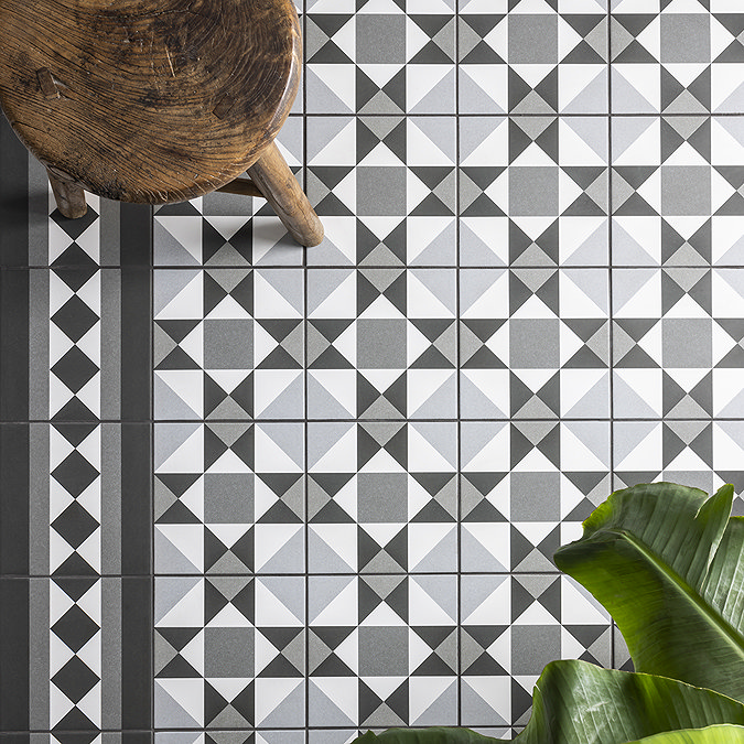 Stonehouse Studio Buxton Charcoal Border Geometric Patterned Wall and Floor Tiles - 225 x 225mm