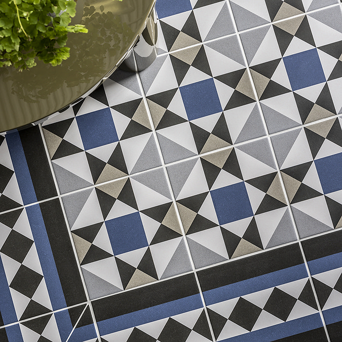 Stonehouse Studio Buxton Navy Border Geometric Patterned Wall and Floor Tiles - 225 x 225mm