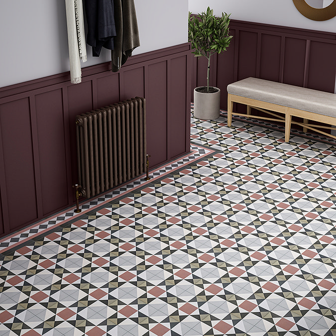 Stonehouse Studio Buxton Pink Border Geometric Patterned Wall and Floor Tiles - 225 x 225mm