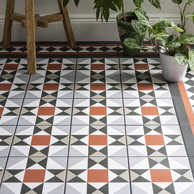 Stonehouse Studio Buxton Terracotta Border Geometric Patterned Wall and Floor Tiles - 225 x 225mm