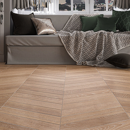 Fenton Light Oak Wood Effect Chevron Tiles - 80 x 400mm Large Image