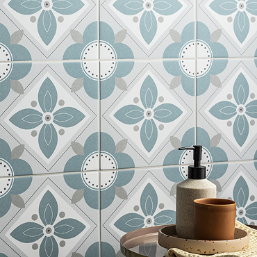 Stonehouse Studio Fleur Aqua Patterned Wall and Floor Tiles - 225 x 225mm