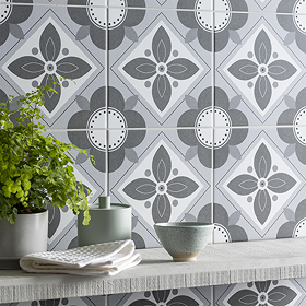 Stonehouse Studio Fleur Charcoal Patterned Wall and Floor Tiles - 225 x 225mm