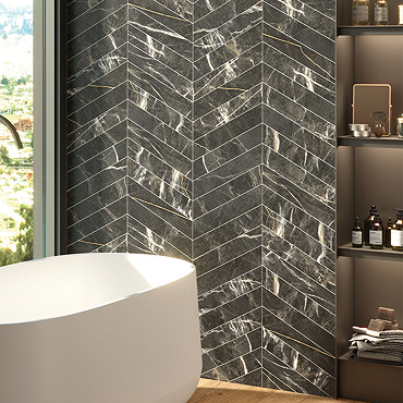 Gatley Chevron Black Marble Effect Tiles - 80 x 400mm  Profile Large Image