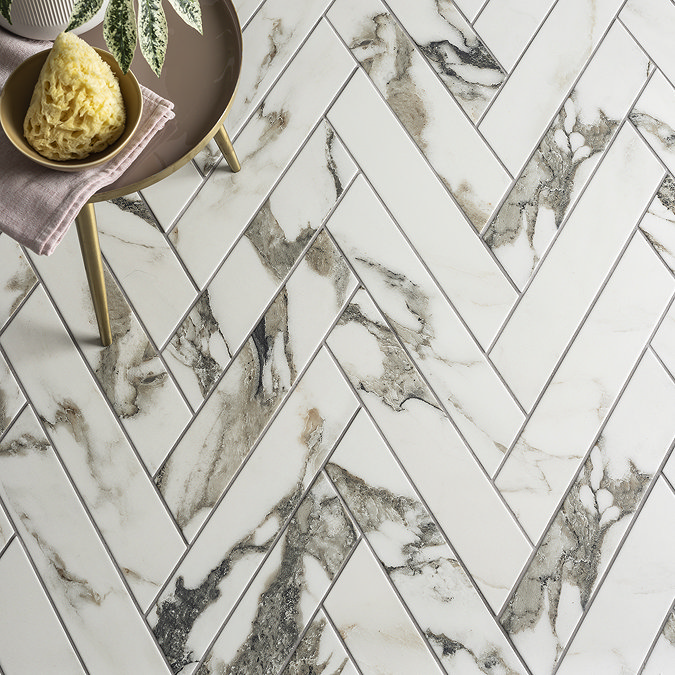 Stonehouse Studio Gatley Chevron Grey Marble Effect Tiles - 80 x 400mm