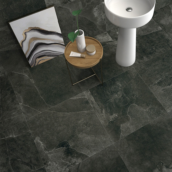 Meloso Anthracite Stone Effect Wall & Floor Tiles - 600 x 600mm In Bathroom Large Image