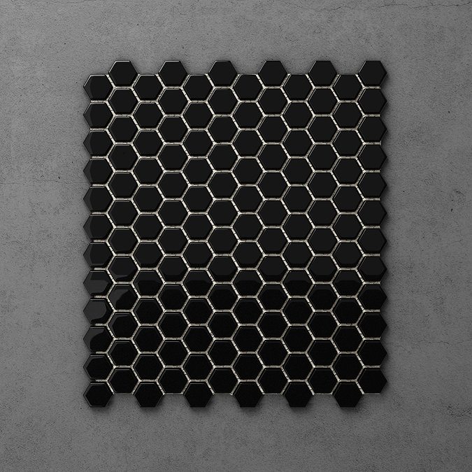 Otsu Hexagon Mosaic Tile Sheet Gloss Black - 300 x 260mm