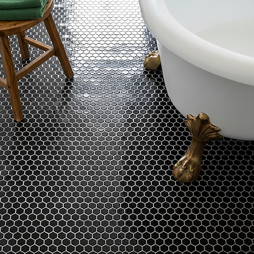 Otsu Hexagon Mosaic Tile Sheet Gloss Black - 300 x 260mm