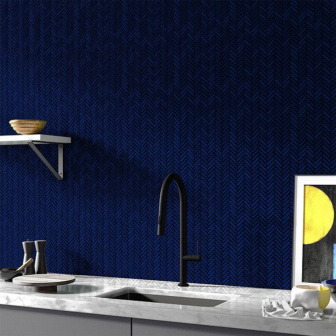 Otsu Mini Herringbone Mosaic Tile Sheet Gloss Dark Blue - 306 x 290mm