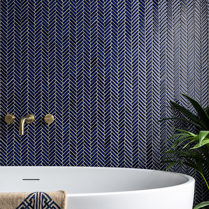 Stonehouse Studio Otsu Mini Herringbone Mosaic Tile Sheet Gloss Dark Blue - 306 x 290mm