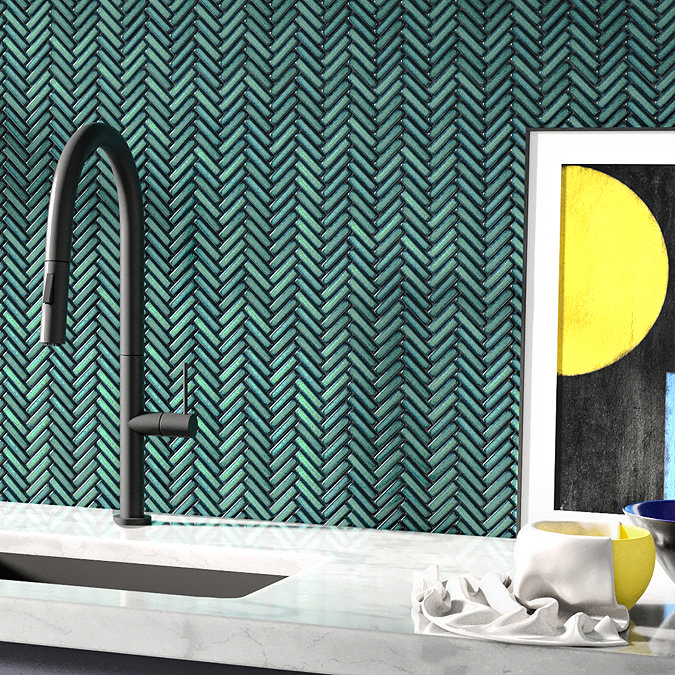 Stonehouse Studio Otsu Mini Herringbone Mosaic Tile Sheet Gloss Green - 306 x 290mm