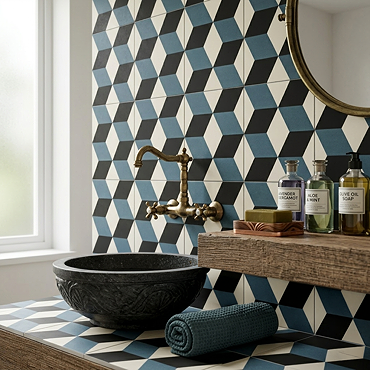 Stonehouse Studio Santiago Teal Geometric Patterned Wall and Floor Tiles - 225 x 225mm