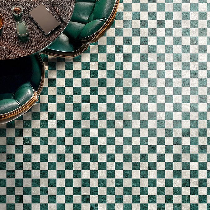 Stonehouse Studio Santori Beige & Green Chequered Marble Effect Wall & Floor Tiles - 223 x 223mm