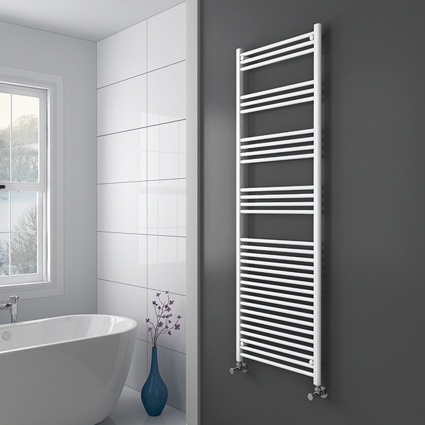 Diamond Heated Towel Rail - W600 x H1800mm - White - Straight Profile Large Image