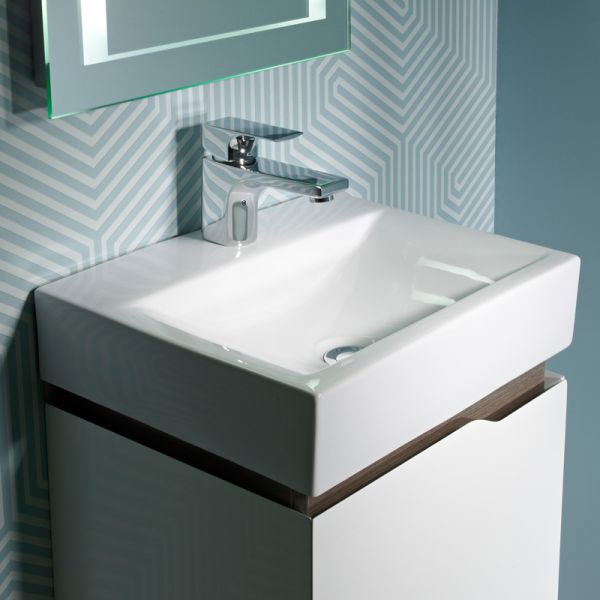 Tavistock Edge 450mm Wall Mounted Unit & Basin - Gloss White/Grey Oak Feature Large Image