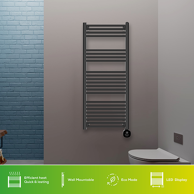 TCP Smart 1000W Black 1250 x 500mm Wi-Fi Energy Saving Electric Only Towel Radiator
