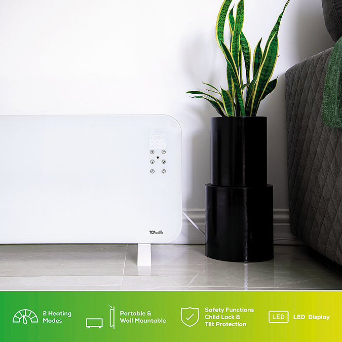 TCP Smart 2000W White Wi-Fi Energy Saving Fixed or Portable Glass Panel Heater Profile Large Image