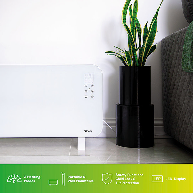 TCP Smart 2000W White Wi-Fi Energy Saving Fixed or Portable Glass Panel  Heater