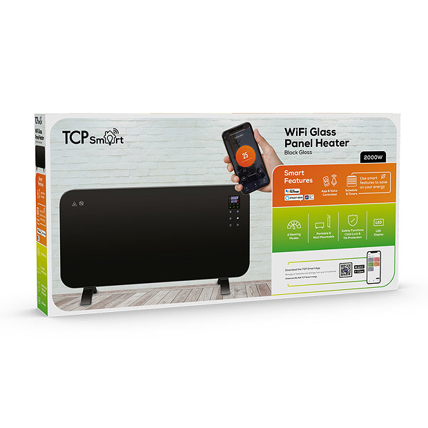 TCP Smart Wi-Fi Energy Saving Fixed or Portable Glass Panel Heater Black 1500W  Newest Large Image