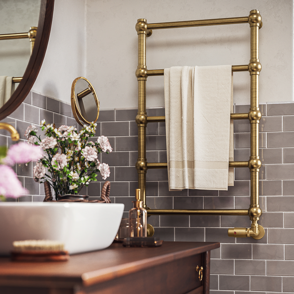 Heated towel rail brushed brass sale