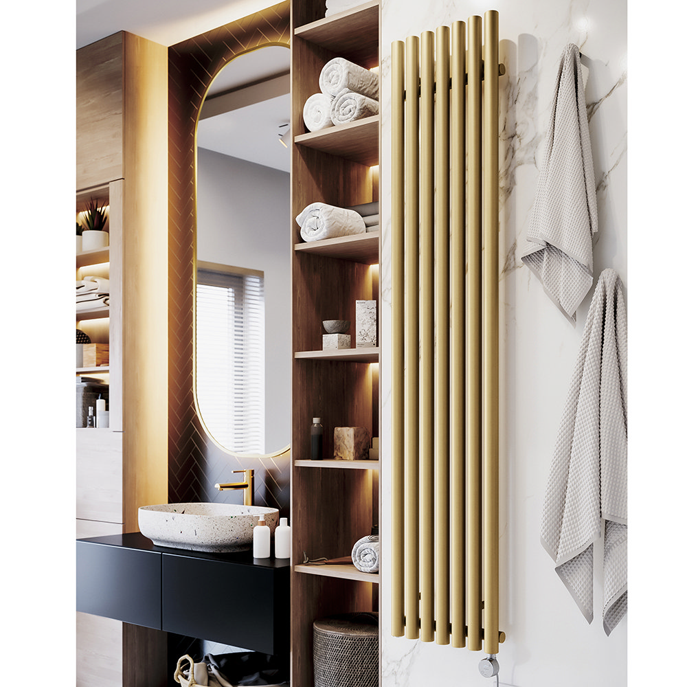 Terma Rolo Room E H1800 x W370mm Brass Electric Only Towel Rail with MOA Blue Element