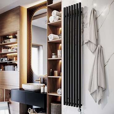 Terma Rolo Room E H1800 x W370mm Heban Black Electric Only Towel Rail with MOA Blue Element