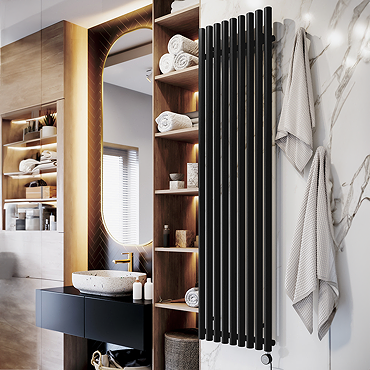 Terma Rolo Room E H1800 x W480mm Heban Black Electric Only Towel Rail with MOA Blue Element