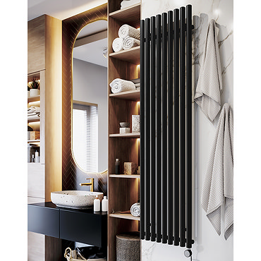 Terma Rolo Room E H1800 x W480mm Heban Black Electric Only Towel Rail with MOA Blue Element