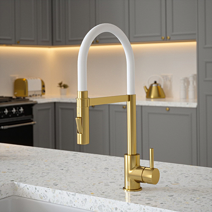 The Tap Factory Vibrance Tube Brushed Brass Kitchen Tap with Spray Function Large Image