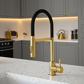 The Tap Factory Vibrance Tube Kitchen Tap with Spray Function - Brushed Brass & Black Velvet Large I