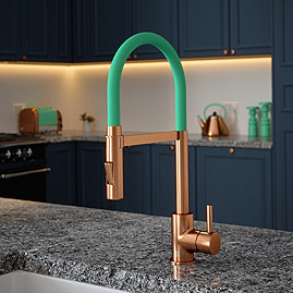 The Tap Factory Vibrance Tube Kitchen Tap with Spray Function - Brushed Copper & Aqua Sea Large Imag