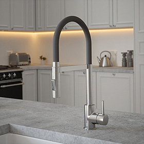 The Tap Factory Vibrance Tube Kitchen Tap with Spray Function - Brushed Nickel & Blade Grey Large Im