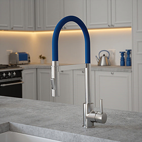 The Tap Factory Vibrance Tube Kitchen Tap with Spray Function - Brushed Nickel & Salamanca Blue Larg